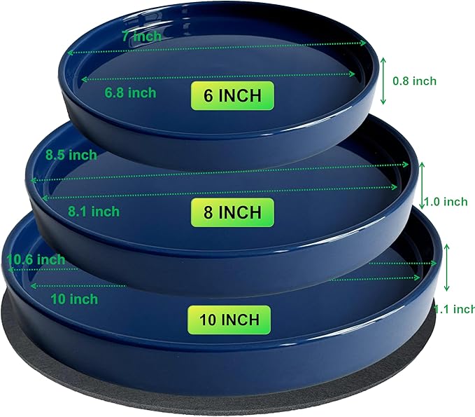 Yukfona Ceramic Plant Saucer Pot Tray 6, 8, 10 Inch Blue, Planter Saucers for Indoors Outdoor, Durable Sturdy Flower Drainage drip Water Tray for Glazed Pots Base