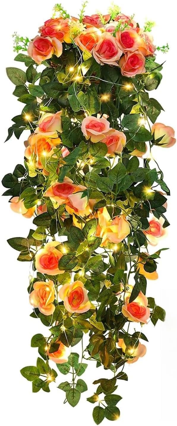 RECUTMS 2pcs Artificial Hanging Plants 32 in Fake Plant Ivy Vine Outdoor, Hanging Champagne Rose Flower Wall Sconce, UV Resistant Plastic for Valentines Day Wall Hanging Decorations(Champagne)