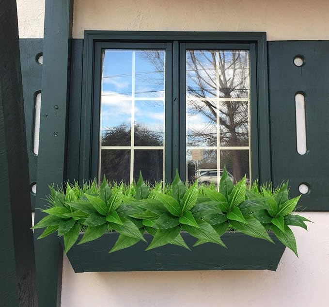 CATTREE Artificial Plants Outdoor Decor, Fake Plant Shrubs Faux Grass Plastic Leaves Greenery Bushes Home Garden Wedding Party Decorations Indoor Office Yard Verandah Planter Filler - Green 2 Pack