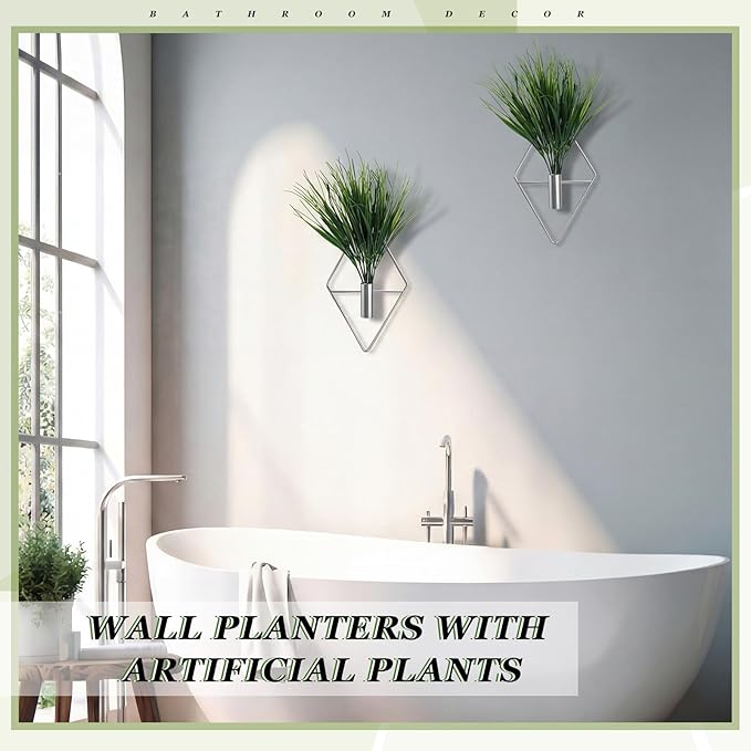 Canlierr 4 Pieces Silver Wall Decor Hanging Planters with Artificial Plants Metal Vase Indoor Aquatic Plant Holder Modern Geometric Wall Art for Home Bathroom Bedroom Living Room Office