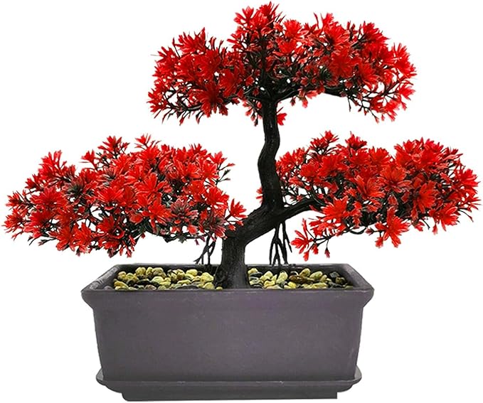 Bonsai Tree, Artificial Plants, Artificial Bonsai Tree Juniper Faux Plants, Indoor Small Fake Plants Decor for Home Bedroom Office Desk Farmhouse Decor(Color:Red)