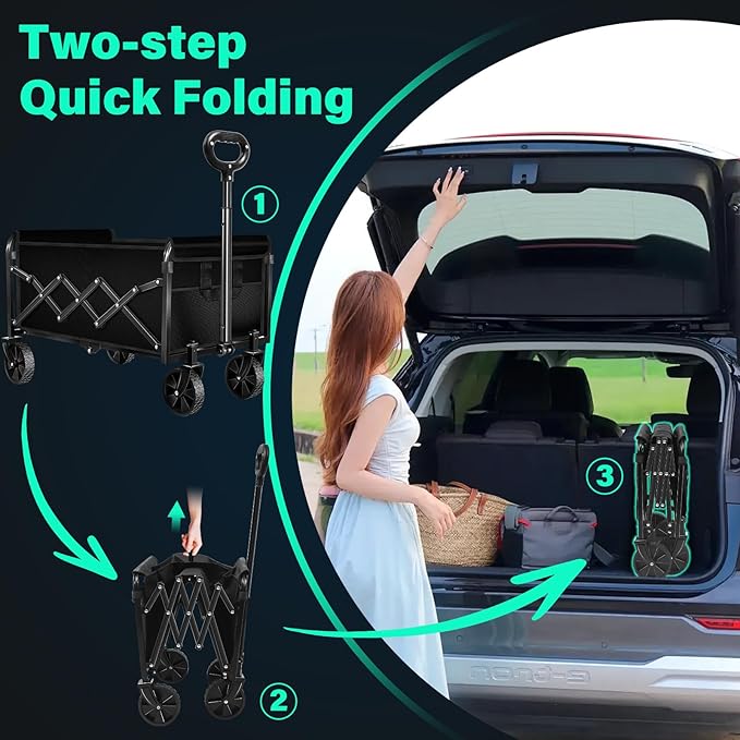 Collapsible Wagon Cart with Wheels Foldable: 360LBS Heavy Duty Folding Utility Wagon - Portable All Terrain Grocery Wagon Cart for Groceries Shopping Outdoor Camping Fishing Sports