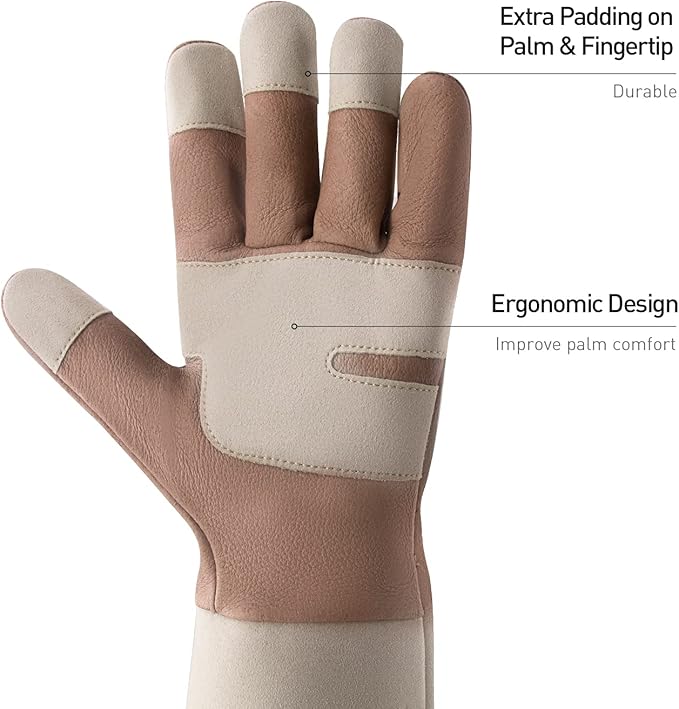 HANDLANDY Long Gardening Gloves for Men & Women, Thorn Proof Rose Pruning Gloves Leather Gauntlets Garden Glove Yard Work Glove (Warm Brown, Medium)
