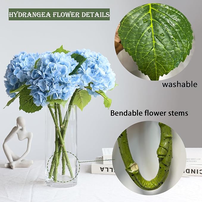 Buart 4PCS Long Stem Big Size Blue Flowers Artificial Silk Hydrangea Lifelike Flowers Real Touch Blue Artificial Flowers Wedding Shower Bride Bouquets Office Living Room Table Decorations (21 Inch)