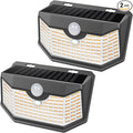 HMCITY 120 LED Outdoor Solar Lights- with Motion Sensor and 3 Lighting Modes, IP65 Waterproof Wide Solar Wall Lights Ideal for Garden Patio Yard (Front Button 2Packs, Black Shell-Warm White)