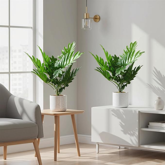 17.7" Philodendron Fake Plants 2 Pack, Artificial Plants Indoor for Home Decor, Faux Green Bonsai Tree in Pot, Cement Moss Base, Evergreen Fake Plants for Living Room & Office