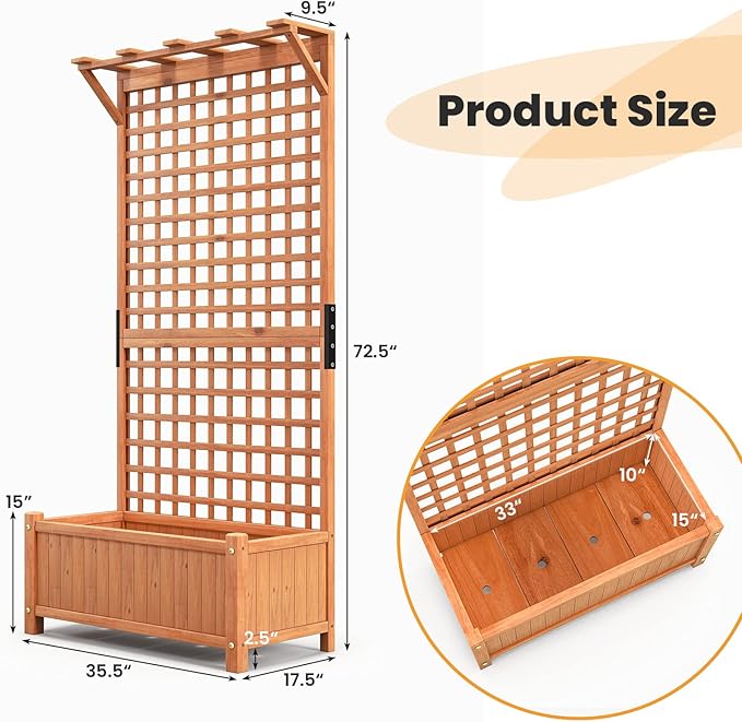 Giantex 2 Pcs Raised Garden Bed with Trellis & Roof, 72.5" Wooden Garden Bed, High Trellis for Plant Flower Climbing Pot Hanging, Indoor & Outdoor Planter Box for Yard, Garden, Balcony