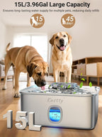 Kastty 4 Gal Dog Water Fountain for Large Dogs,15L Stainless Steel Dog Water Bowl Dispenser Triple Filtration,Ultra Quiet Automatic Pet Water Fountain with Water Level Window and LED Light(FS76)