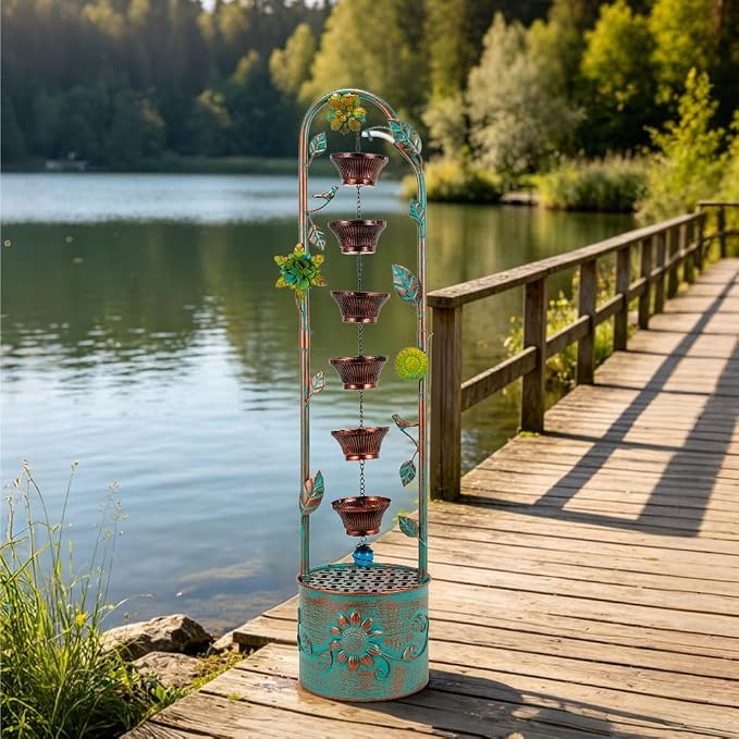 40" Vintage Metal Floor Water Fountain - Soothing Waterfall Outdoor Fountains with 6 Hanging Cups for Garden Patio Backyard Deck Decor, 1105 - Rusty Bronze Leaves