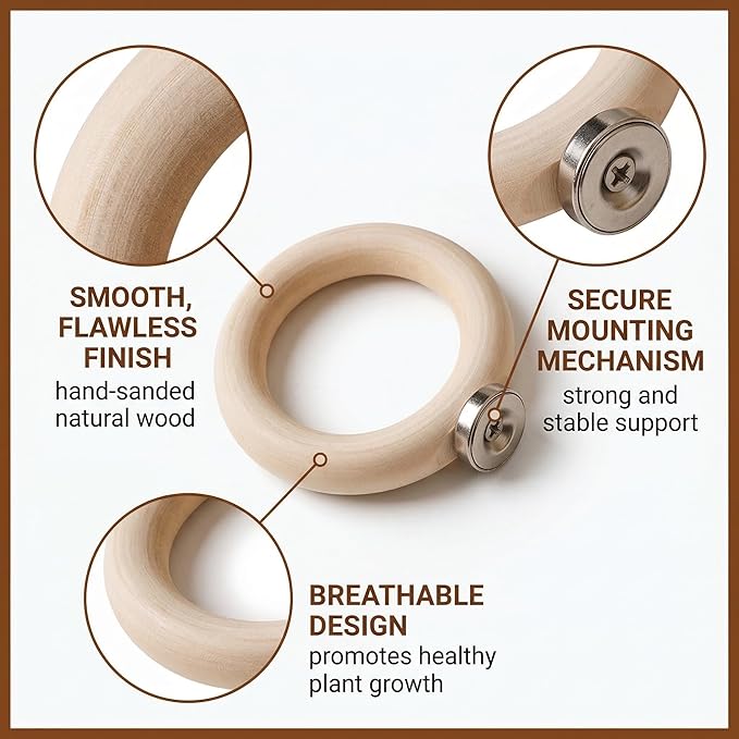 Magnetic Air Plant Holder 6-Pack, 4.5cm Wooden Ring Suspended Display for Tillandsia, Natural Wood Magnet Wall Mount & Refrigerator Sticker, Includes 6 Magnetic Patches Light Wood