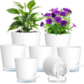 Meowell Self Watering Pots Set of 7 – Assorted Size 4" to 8" Indoor Plant Pots with Drainage Holes and Clear Reservoir for Visible Water Level, Plastic Wicking Planter for House Plants & Flower, White
