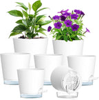Meowell Self Watering Pots Set of 7 – Assorted Size 4" to 8" Indoor Plant Pots with Drainage Holes and Clear Reservoir for Visible Water Level, Plastic Wicking Planter for House Plants & Flower, White
