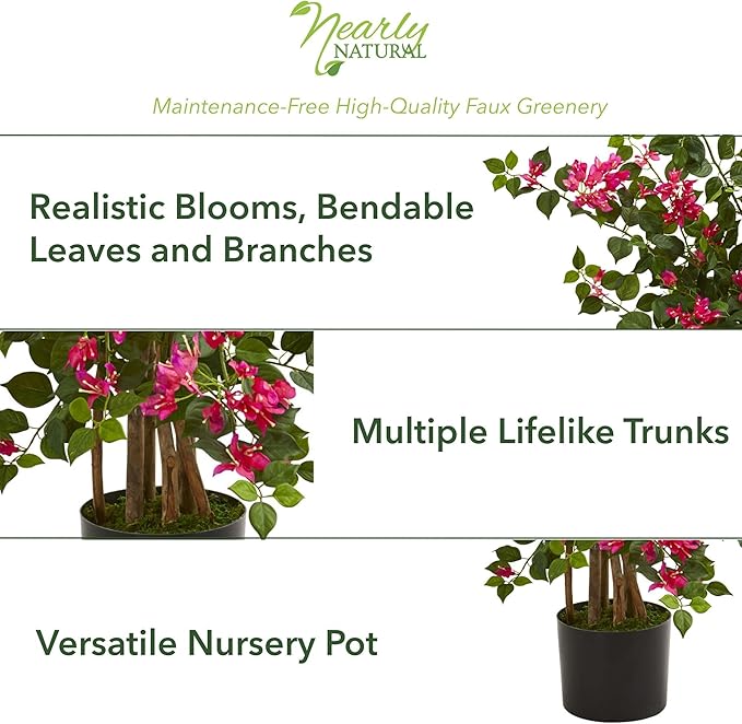 Nearly Natural 42in Artificial Bougainvillea Tree, Faux Flowering Plant With Planter, Indoor Home Office Decor, Low Maintenance, Pink and Green