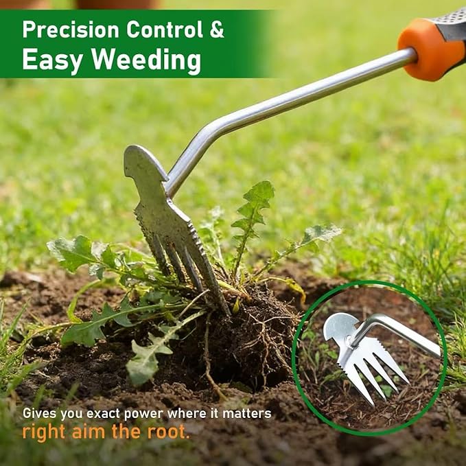 Weed Puller Tool, 2-in-1 Hand Weeder Tool with 4 Sharp Tines & Blade, Manganese Steel Garden Weed Remover, Ergonomic Handle Weeding Tool for Lawn, Yard,Vegetable Garden, Dandelion &Thistle Root Puller