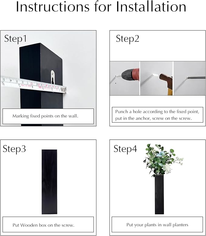 Wall Planters for Indoor Plants, Set of 4 Black Modern Farmhouse Wood Wall Decor for Indoor Plants, Hanging Planter for Living Room, Bathroom Wall Decor, Dried Flowers and Faux Greenery