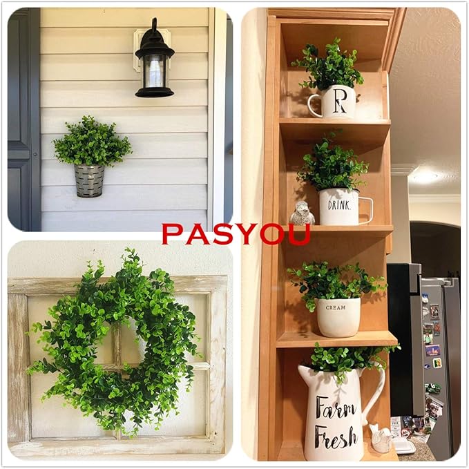 PASYOU Artificial Shrubs, Plastic Plants Fake Eucalyptus Shrub Bushes Grass Greenery Leaves Bush Indoor Outdoor Home Garden Party Verandah Wedding DIY Table Arrangement Decoration Planter Filler 4 Pcs