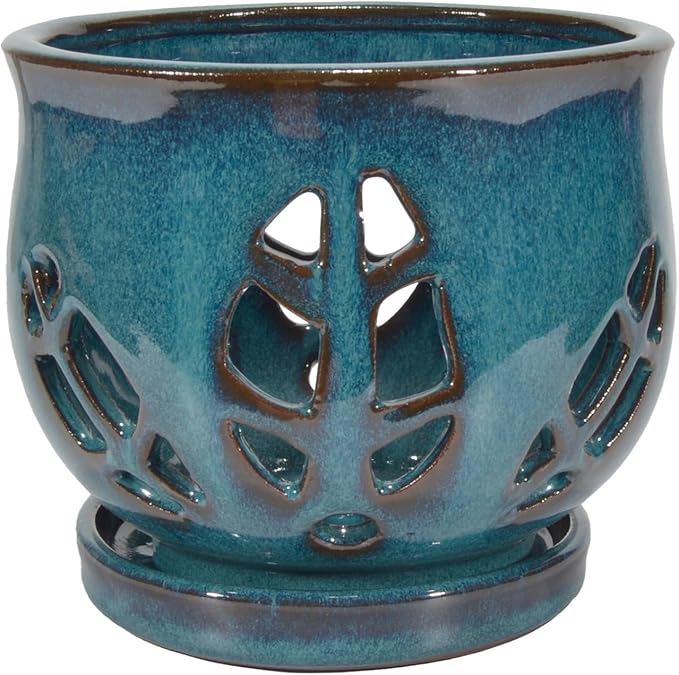 W&W Orchid Pot with Holes and Saucer for Repotting, Teal, 6.5"