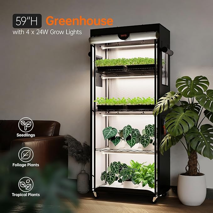 Bstrip Indoor Greenhouse with Grow Light, 4 Tier Plant Shelf with Oxford Fabric Grow Tent & Timer for Indoor Plant , Mini Greenhouse for Spring Seed Starting, Vegetables, Plant Growth, 23.6"x13.8"x59"