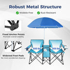 Goplus Double Camping Chair with Umbrella, Folding Loveseat Chairs w/Canopy Shade, Carrying Bag, Table, Cup Holder, Portable Beach Chairs Outdoor Picnic Patio (Turquoise)