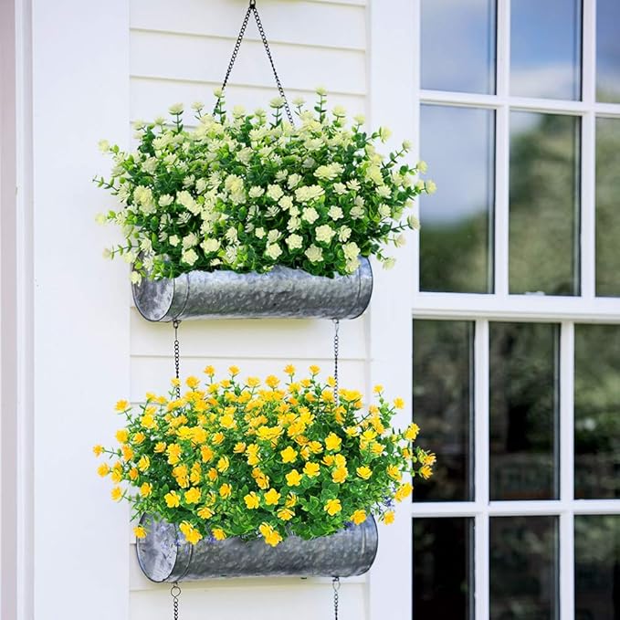6 Bundles Outdoor Artificial Flowers UV Resistant Fake Boxwood Plants, Faux Plastic for Indoor Outside Hanging Plants Garden Porch Window Box Home Wedding Farmhouse Decor (Milk Green)