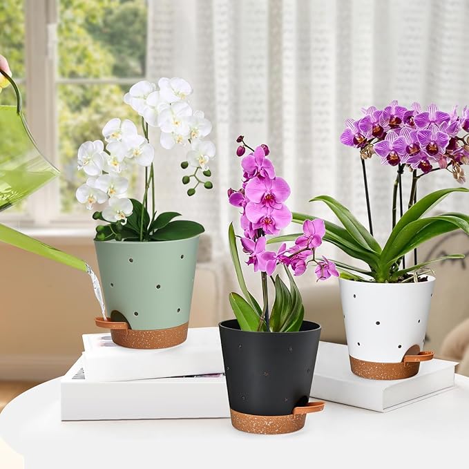 Vanslogreen Orchid Pots with Holes, 6 Inch Self Watering Orchid Pot 3 Pack Plastic Plant Pots for Orchid, Flower (Multicolor)