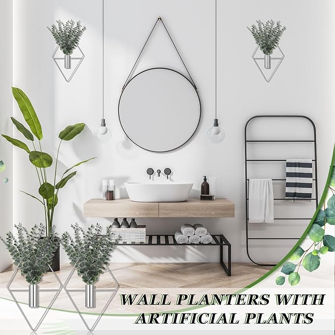 Jexine 4 Pcs Hanging Planters with Artificial Eucalyptus, Chrome Silver Wall Decor Metal Hanging Vase Indoor Plants Holder Modern Geometric Bathroom Decor for Living Room Home Office