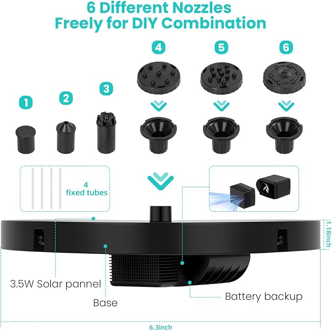 3.5W Solar Water Fountain, Upgraded Version Solar Fountain for Bird Bath, with 6 Nozzles & Fixed Pipes, Silent Floating Solar Water Pump for Bird Baths, Gardens, Ponds, Fish Tank, Outdoor