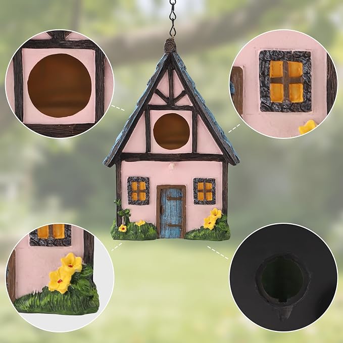 Bird Houses for Outside Pink Cottage Resin Birdhouse, Garden Outdoor Decor Bird House with Flower and Stone Details, Birdhouses for Outdoors for Bluebird Finches Cardinals