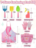 Kids Gardening Tool Set - Garden Tools for Kids with Shovel Trowel Rake Apron Gloves Watering Can and Tote Bag, Outdoor Toys Great Gifts for 3 4 5 6 7 8+ Years Old Girls (Downward Mermaid Tail)