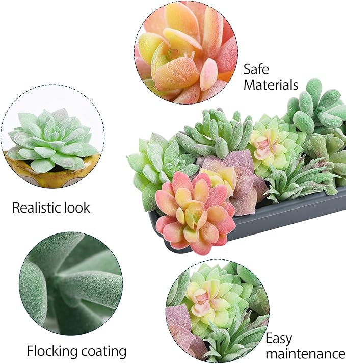 HappyHapi 12 Pcs Artificial Succulents Mini Fake Plants Unpotted Faux Succulent for Craft, Small Plastic Succulents Assortment in Flocked Green Floral Decor for Party, Cake, Garden & Outdoor