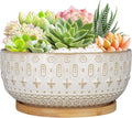 8 Inch Ceramic Succulent Planter Pots with Drainage Hole Flower Pot for Indoor Plants Round Shallow Bonsai Pot with Bamboo Tray White