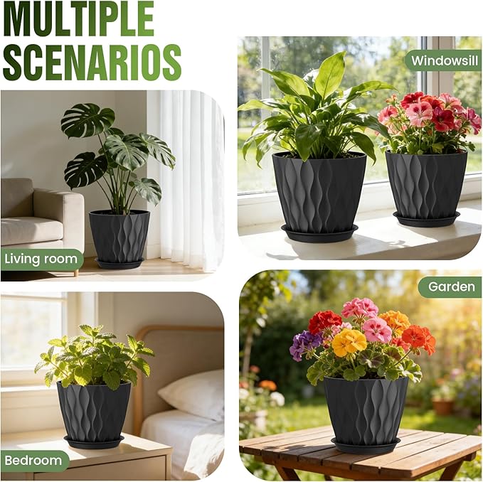 8" Water Wave Plant Pots with Drainage Holes & Saucers, 4 Pack Modern Textured Medium Planters for Indoor Outdoor Plants, Decorative Flower Pots Repotting Set for Flowers, Herbs (Black)