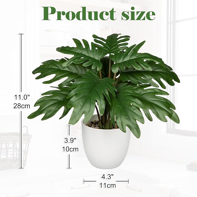 Hollyone Faux Monstera Plant Potted Artificial Monstera Deliciosa Plant Fake Tropical Plants in White Pot for Indoor Outdoor Home Desk Office Garden Farmhouse Decoration