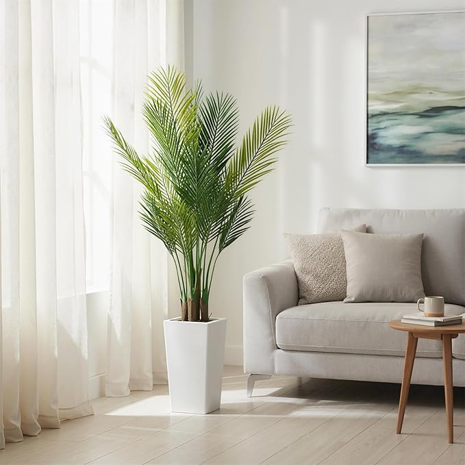 Artificial Palm Tree 4.5FT Tall, Faux Tropical Plant in White Tall Planter, Lifelike Potted Tree for Indoor Living Room, Bedroom, Home Office Decor