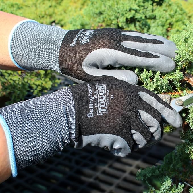Brussel’s Bonsai Nitrile Tough Gardening Gloves – Durable Nitrile Coated Gloves – Black, Pair, XL