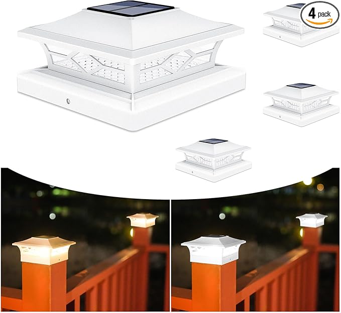 VOLISUN Solar Post Cap Lights: 4 - Pack Outdoor Deck Post Cap Lights White for Dock Fence Waterproof 2 Color Modes,4x4/6x6 Wooden/Vinyl Posts