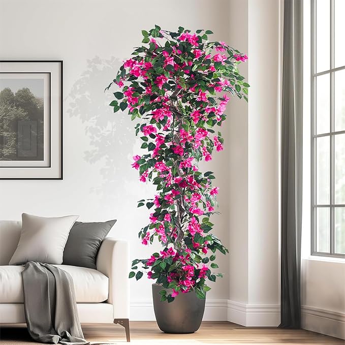 Artificial Bougainvillea Tree -6FT Faux Bougainvillea Tree with Realistic Flowers, Tall Fake Flower Tree for Indoor or Outdoor Decor, Silk Floral Plant for Living Room, Porch, Garden (Pink)