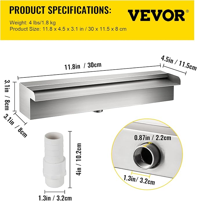 VEVOR Pool Fountain Stainless Steel Pool Waterfall Spillway with Pipe Connector Rectangular Garden Outdoor (11.8")