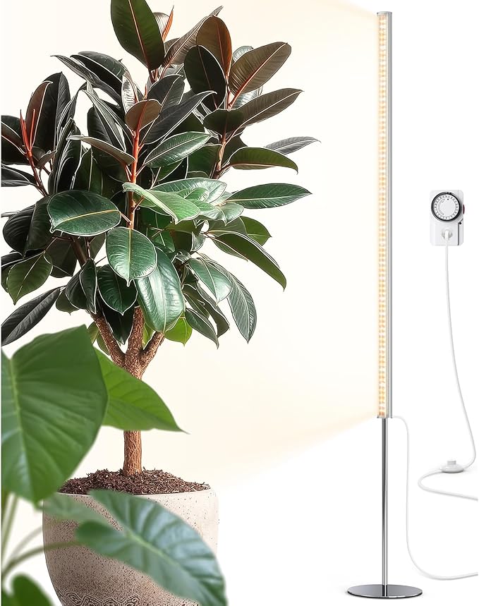 Barrina T1S Standing Grow Light for Indoor Plants with Timer, 65W 660nm High PPFD Tera Series Vertical Full Spectrum Grow Lights Adjustable Height 5FT-5.6FT, Foot Switch, Non-Glare Design, Silver