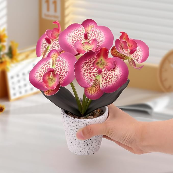 Artificial Orchid Flower Potted Plants Realistic Purple Faux Phalaenopsis Flowers in Pot Flower Arrangements Living Room Wedding Party Decor