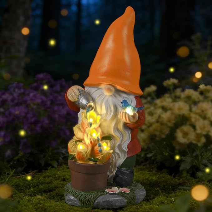 Solar Gnome Statue Outdoor Decor for Mother's Day,Gnome Figurines with Flower LED Light for Garden Decorations for Patio Lawn Balcony Fairy Gardens,Housewarming Gifts for Women Mom