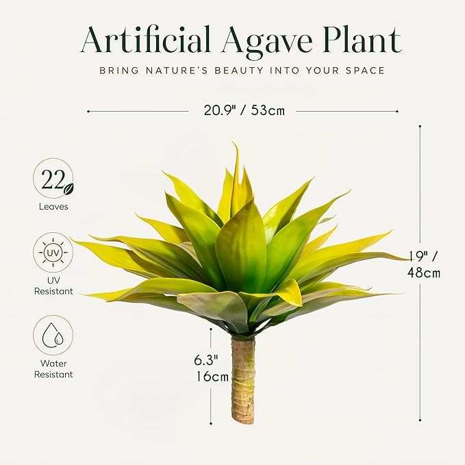 Ttranewsoo Artificial Agave Plants,Large UV Resistant Fake Agave Planters for Indoor and Outdoor Decorating Tropical Plant Succulents Greenery Indoor Decor (2Pack,22" Yellow)