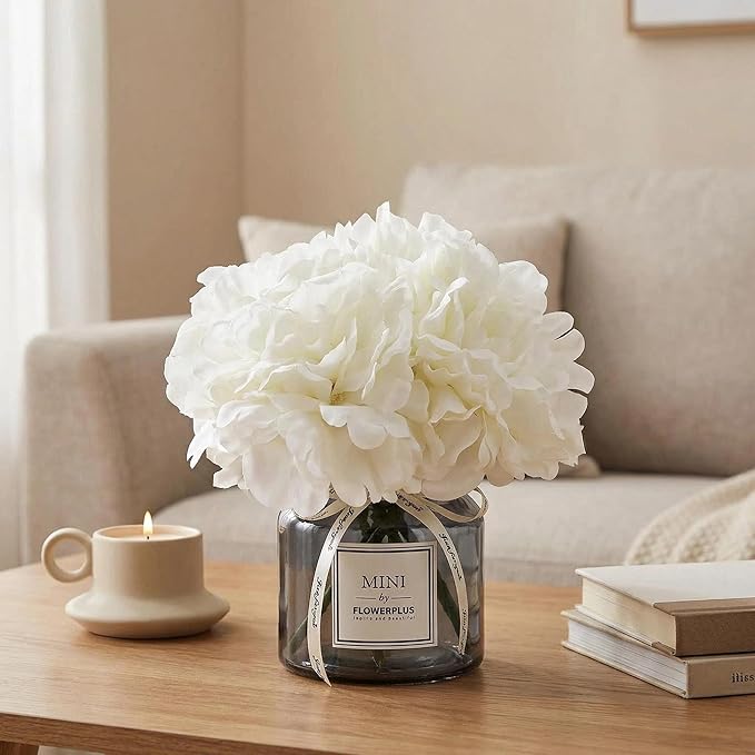 Artificial Hydrangea Flowers with Vase Realistic Faux Peonies, White Hydrangea for Living Room, Dining Table, Office, Wedding, Banquet & Home Decoration