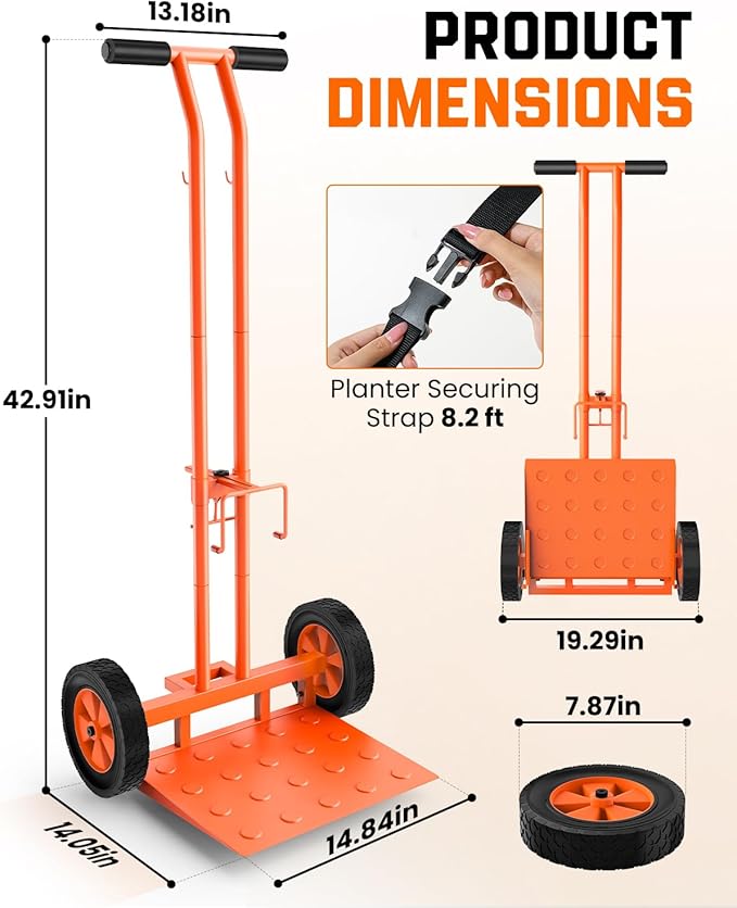 Plant Caddy with Wheels, USA Original Patent, Foldable Plant Dolly Cart with Adjustable Grabbing Arm and Strap, 176 Lbs Heavy Duty Plant Cart for Plant Pots, Indoor & Outdoor Use (Orange)