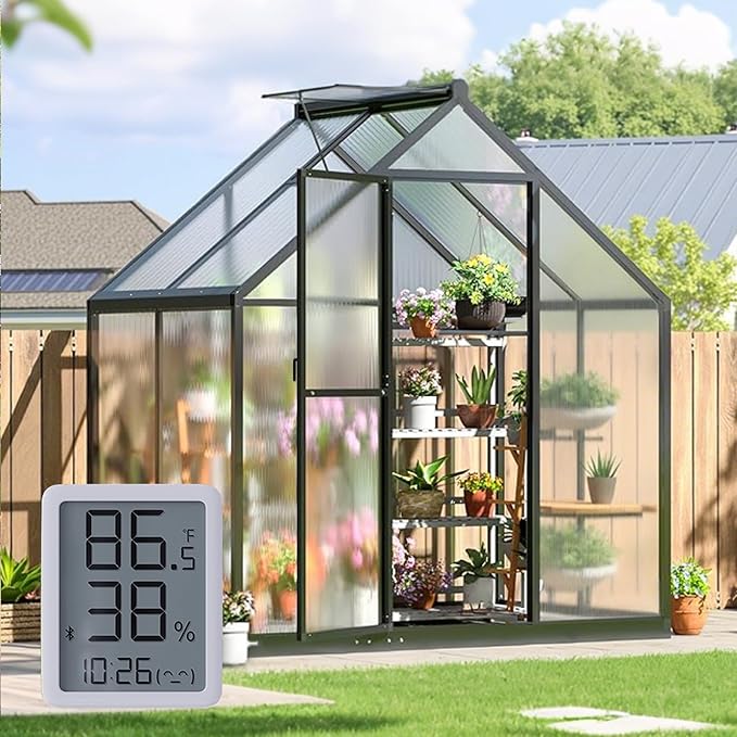 6x4FT Small Greenhouse with Hygrometer, Plant Gardening Green Houses for Outside Heavy Duty with Aluminum Frame, Quick Setup Polycarbonate Greenhouse with Lockable Door & Vented Roof Window