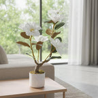Garvee 2 Pack Artificial Magnolia Tree, 24" Artificial Realistic Magnolia Grandiflora with White Planter and 6 Lifelike Flowers, Fake Potted Flower Plant for Home Office Decor, White