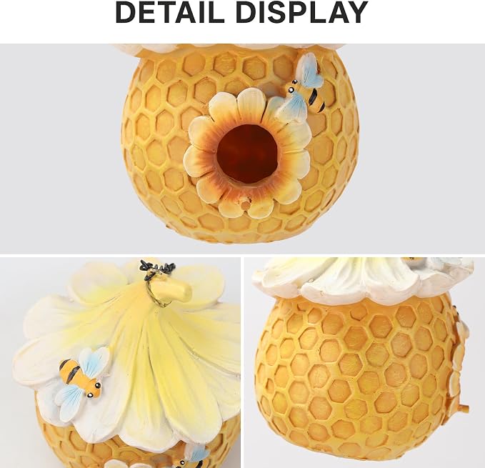 Bird Houses for Outside Yellow Cottage Resin Birdhouse, Garden Outdoor Decor Bird House with Flower and Bees, Birdhouses for Outdoors for Bluebird Finches Cardinals