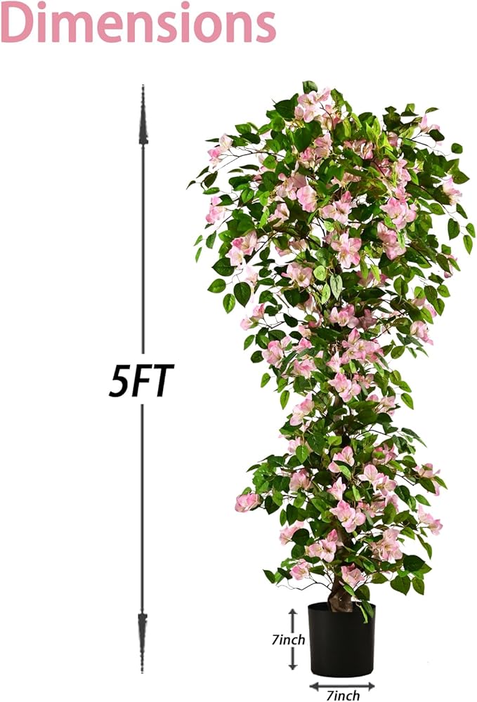 Artificial Bougainvillea Tree -5FT Faux Bougainvillea Tree with Realistic Flowers, Tall Fake Flower Tree for Indoor or Outdoor Decor, Silk Floral Plant for Living Room, Porch, Garden (Pink/White)