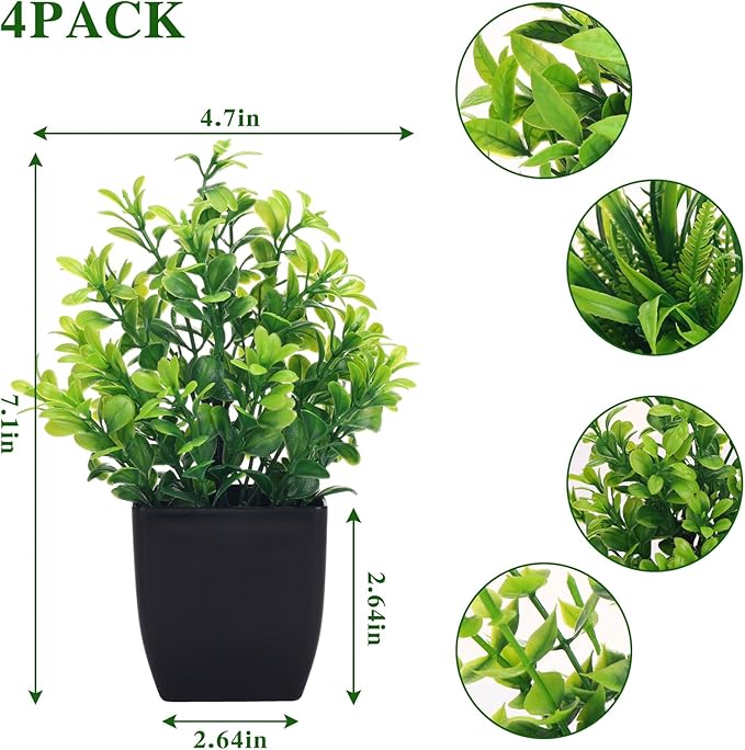 CEWOR Fake Plants 4 Packs Small Artificial Greenery Plants Mini Black Bathroom Accessories Decorations for Desk Bathroom Office Home Room Kitchen Table Decor Indoor