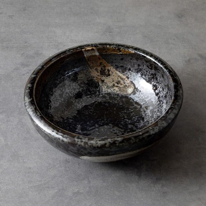 Wazakura Minoyaki Series Small Round Glazed Ikebana Flower Vase Made in Japan, Handpainted Floral Arrangement Pottery Supplies - Black with Brown White Brush